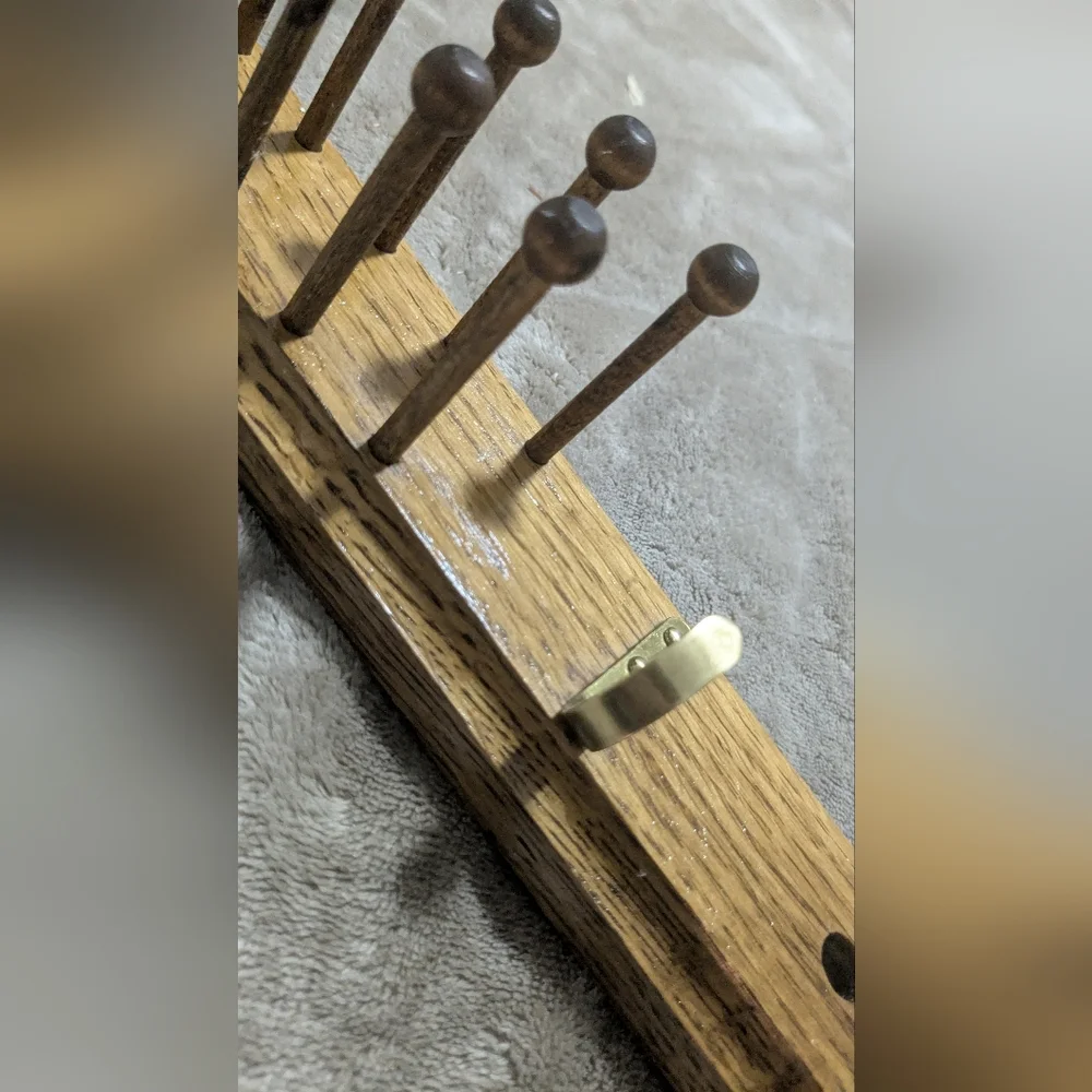 Vintage Wooden Tie Rack wood Pegs & Brass Hooks Jewelry Display